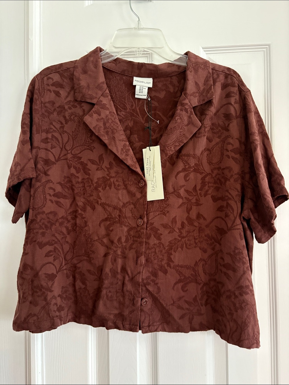 Rachel Zoe Brown Floral burnout jacquard linen blend cropped Button Top XL NWT